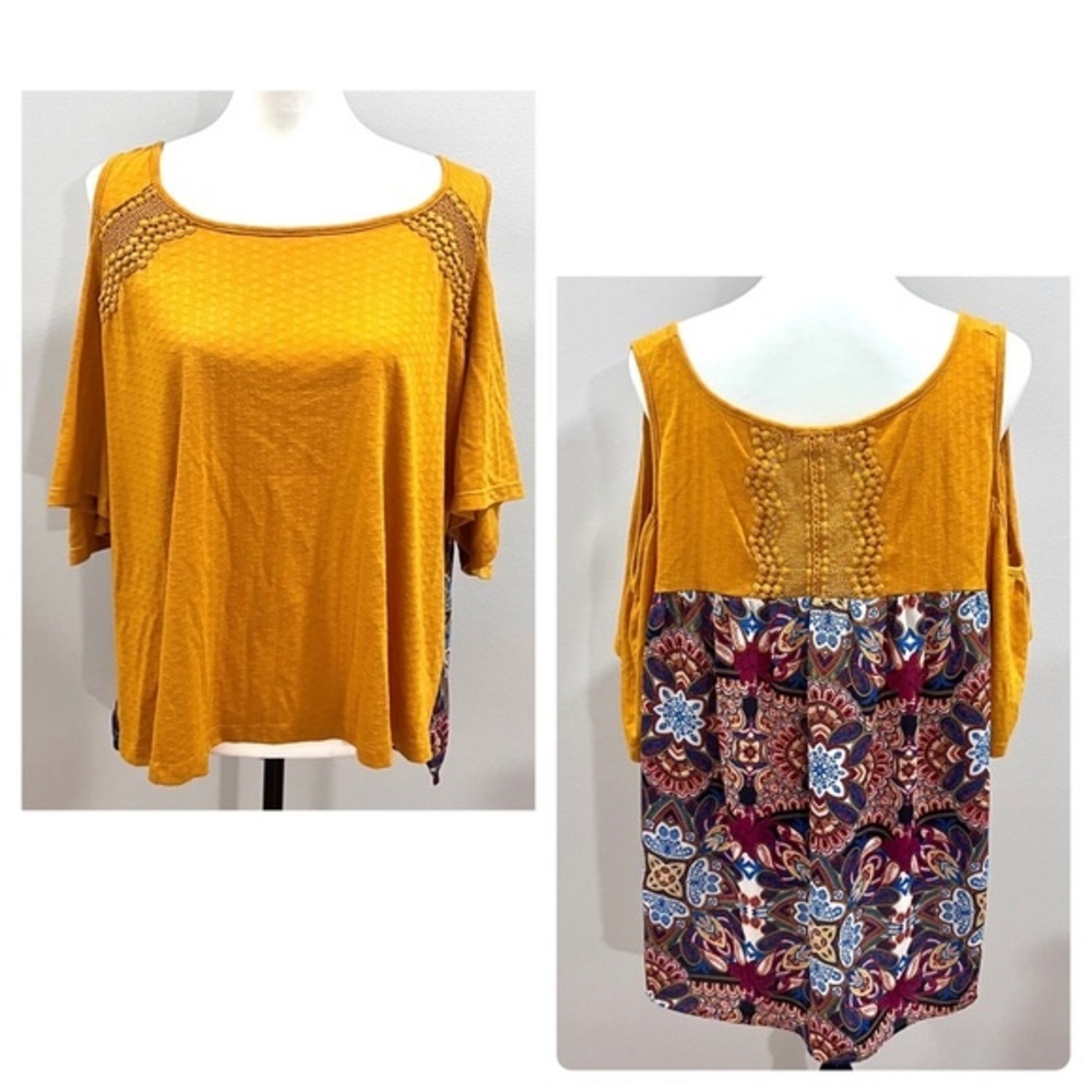 Mustard yellow and colorful mixed media boho print top with lace size 0X